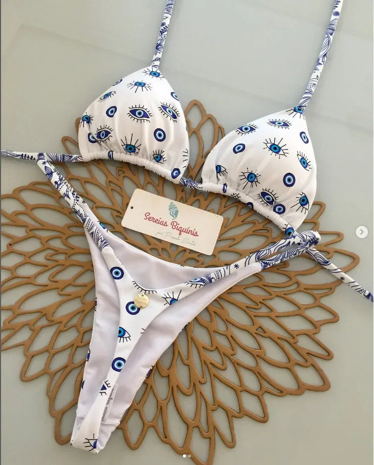 Print Sexy Bikini-Set – Y2K Neckholder & Lace-Up Design